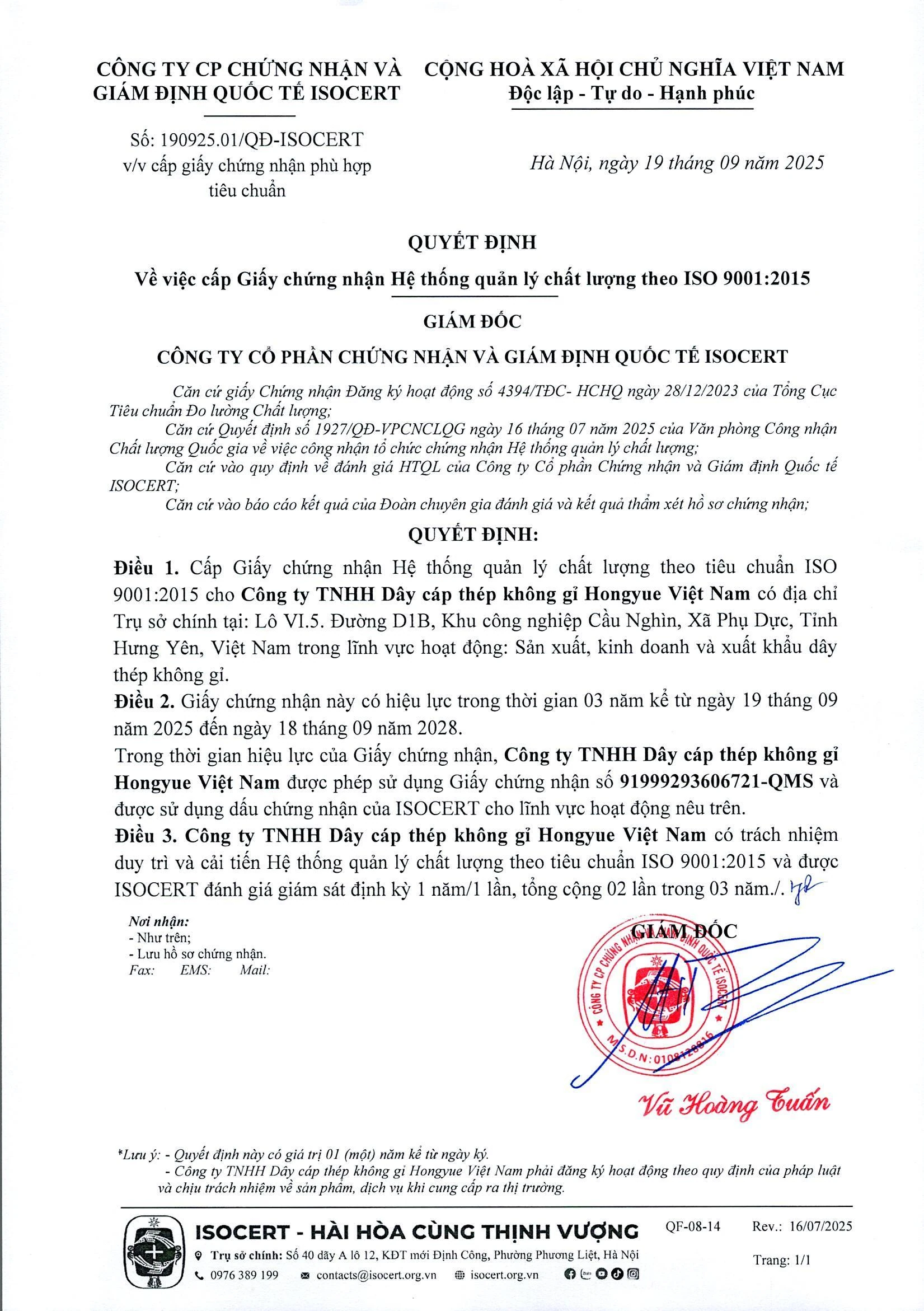 Hongyue ISO 9001:2015 — Certification decision