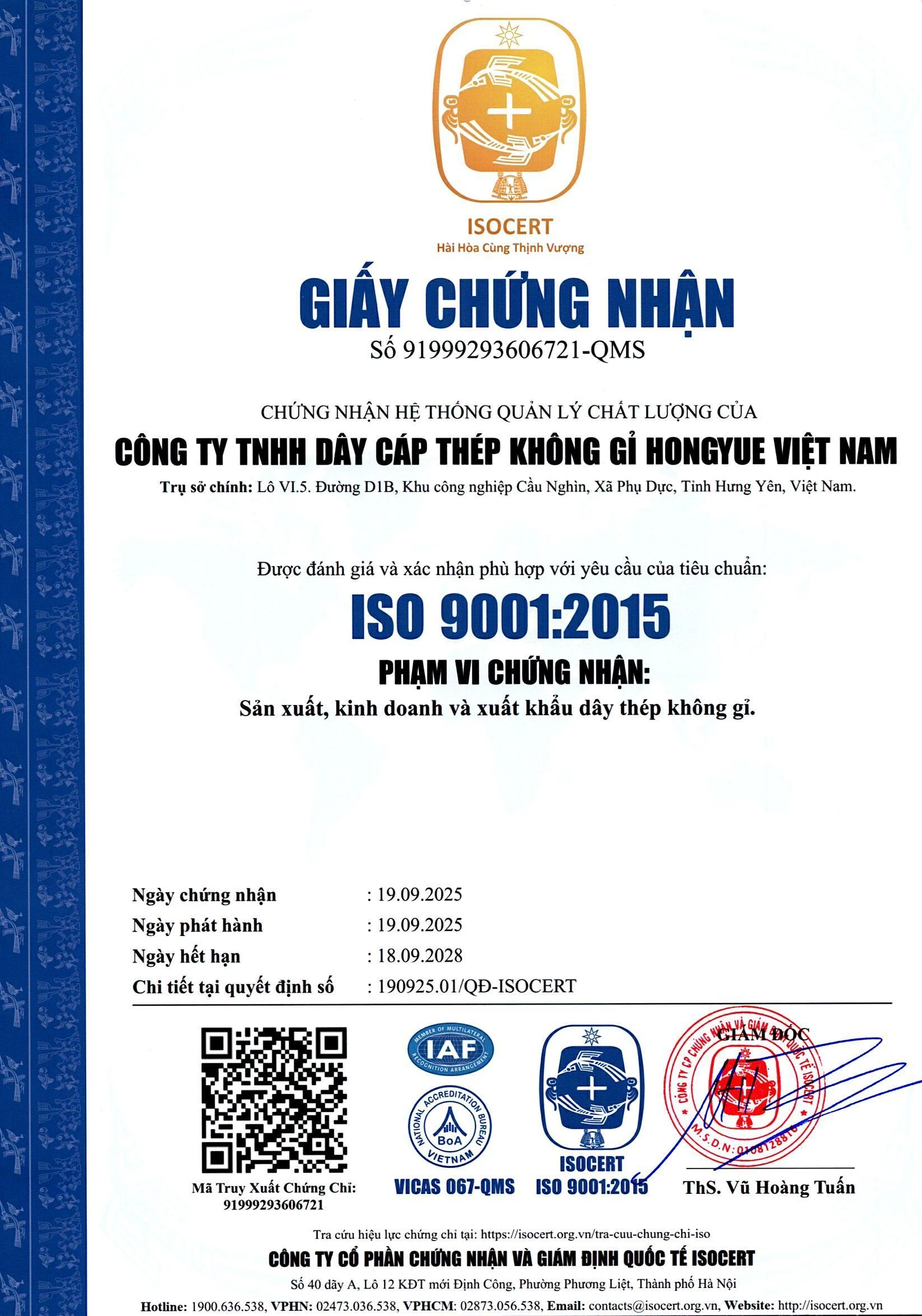 Hongyue ISO 9001:2015 — Vietnamese certificate