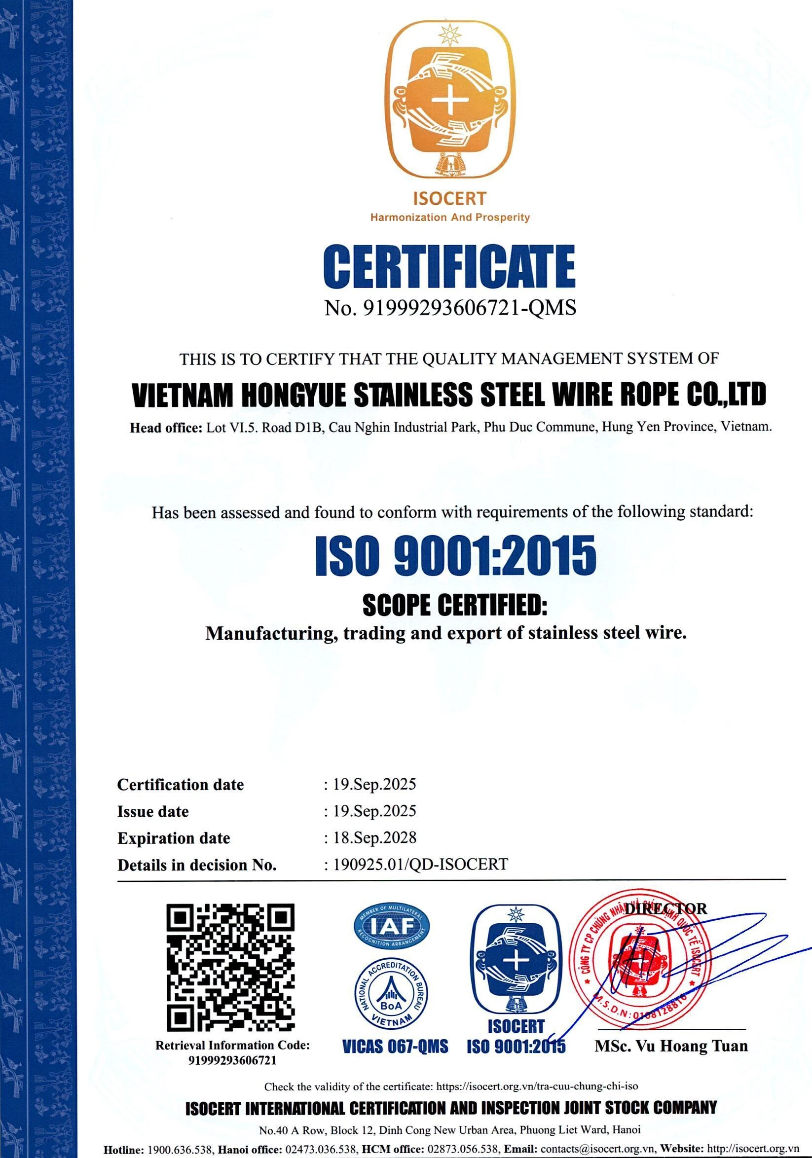Hongyue ISO 9001:2015 — English certificate