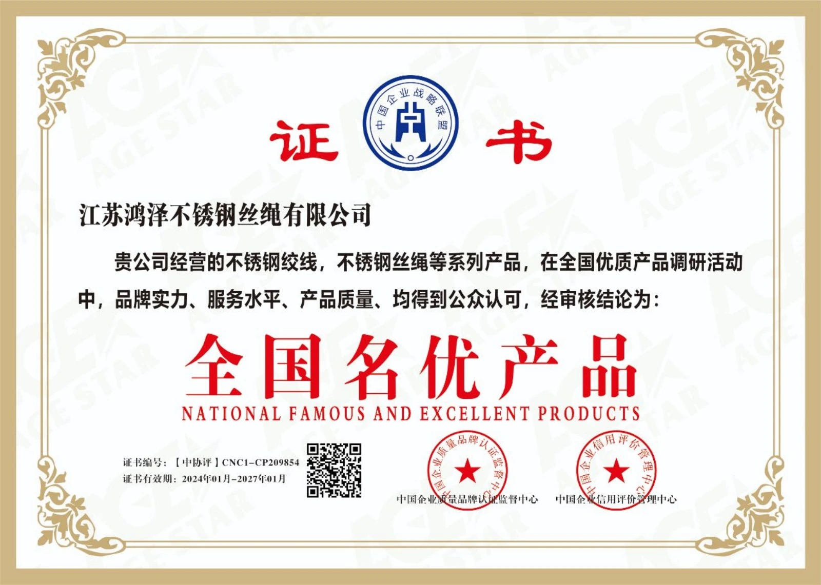 “National Famous and Excellent Products” honor — Document image